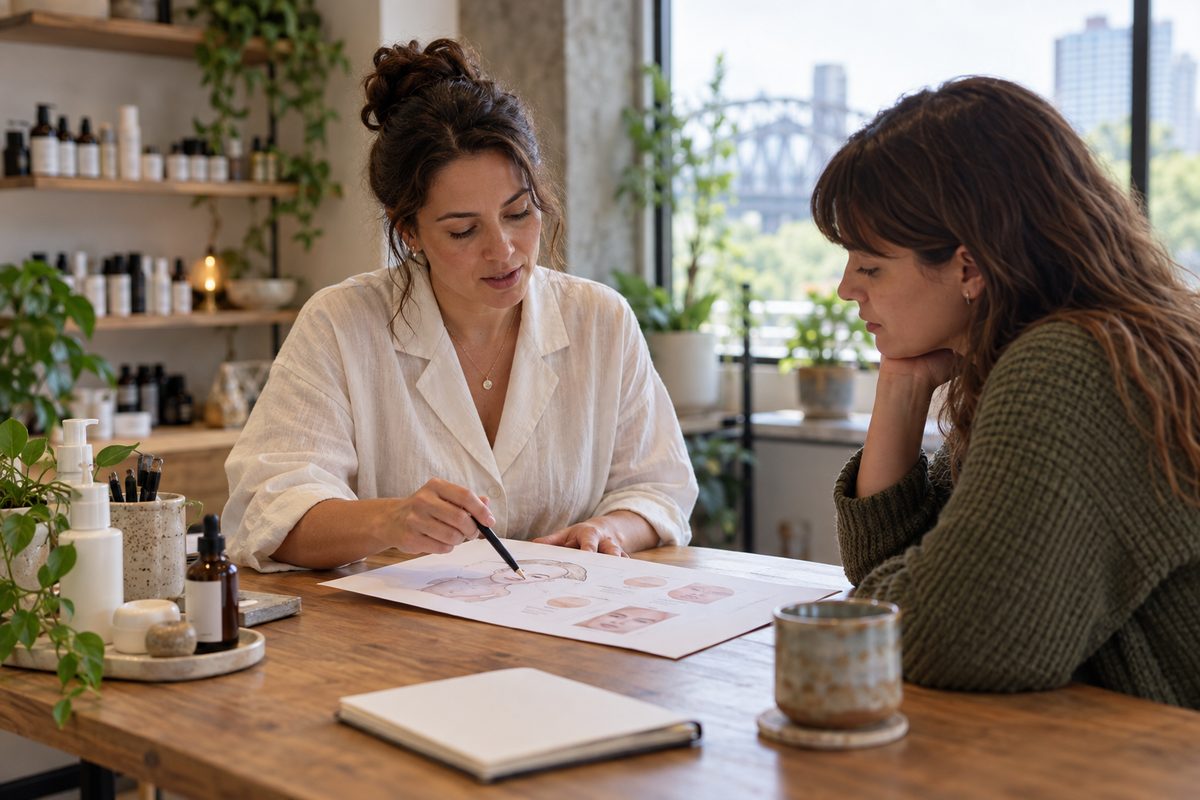 Skincare consultant Irina Petrova reviewing a daily skin routine chart with client