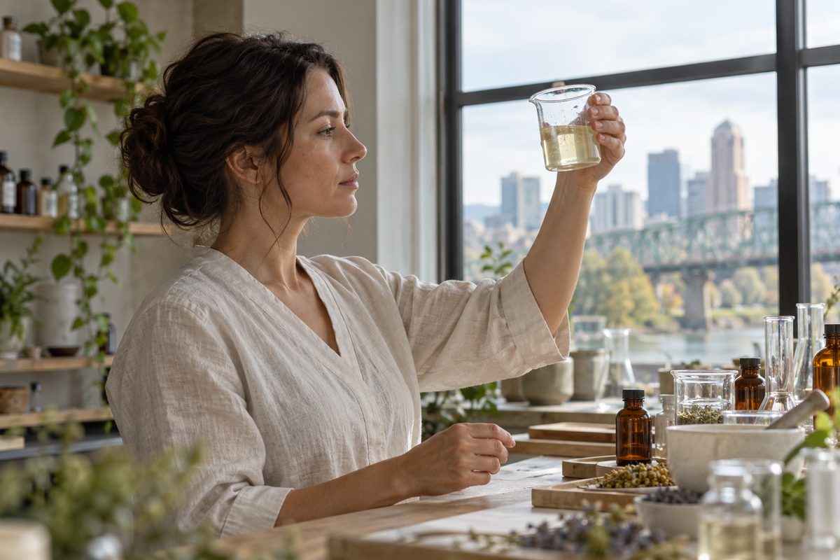 Skincare consultant Irina Petrova reviewing cosmetic ingredients at the Portland studio