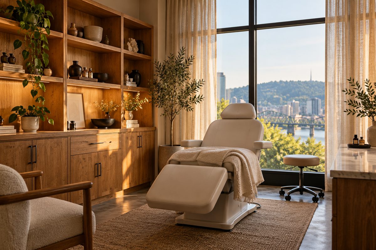 Interior view of Glowmuses skincare consultation room on Southwest 1st Avenue Portland