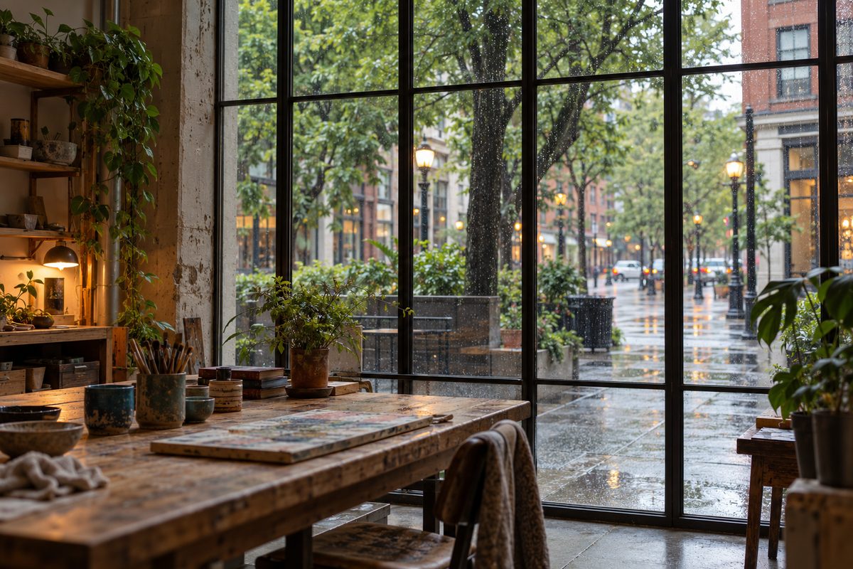 View from inside the studio out onto Southwest 1st Avenue in Portland