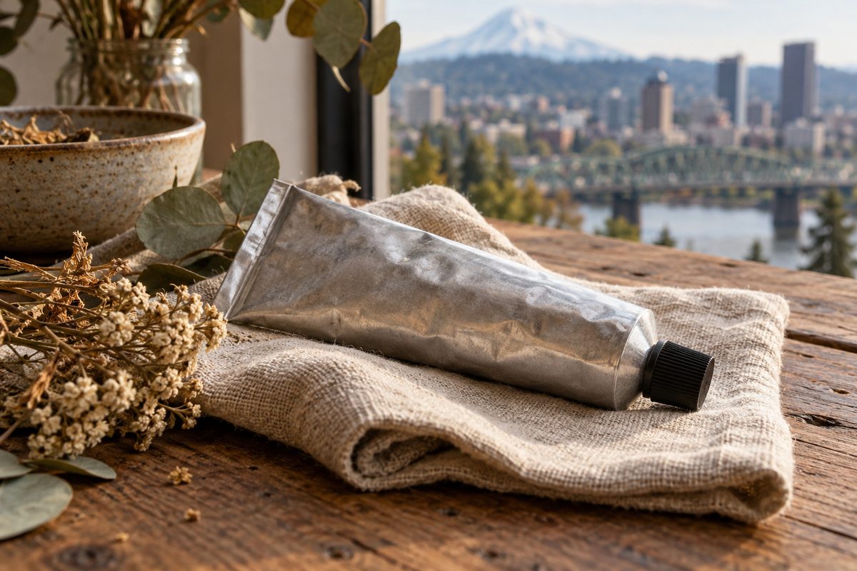 Matte aluminum tube of soothing centella asiatica face cream on raw linen