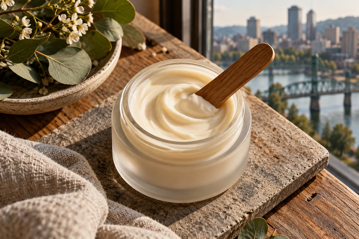 Frosted glass jar of rich ivory ceramide barrier repair face cream with cosmetic spatula