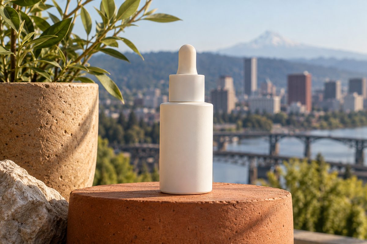 White matte bottle of mineral SPF 50 zinc sunscreen on clay pedestal
