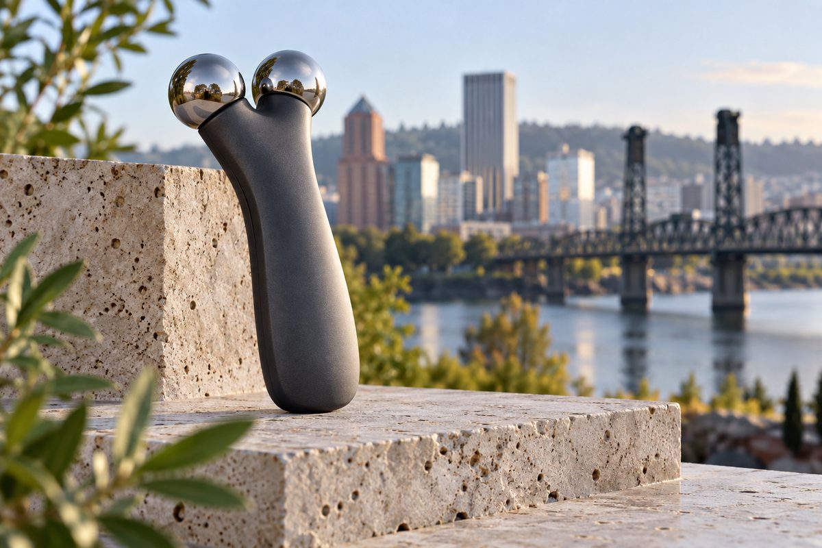 Handheld microcurrent facial contouring device with polished metal spheres on stone stand