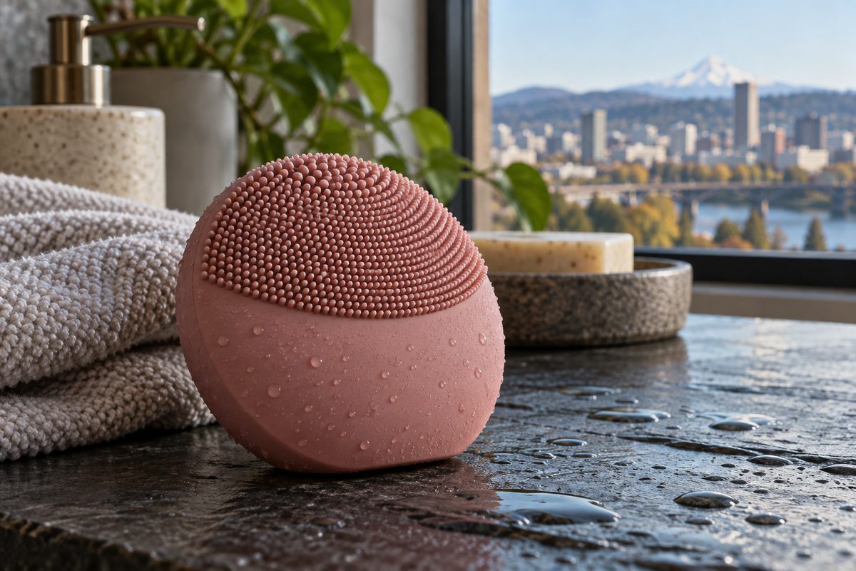 Compact sonic silicone facial cleansing device with textured touchpoints
