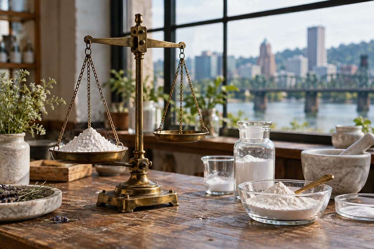 Pure cosmetic active ingredient powders measured on vintage brass scales