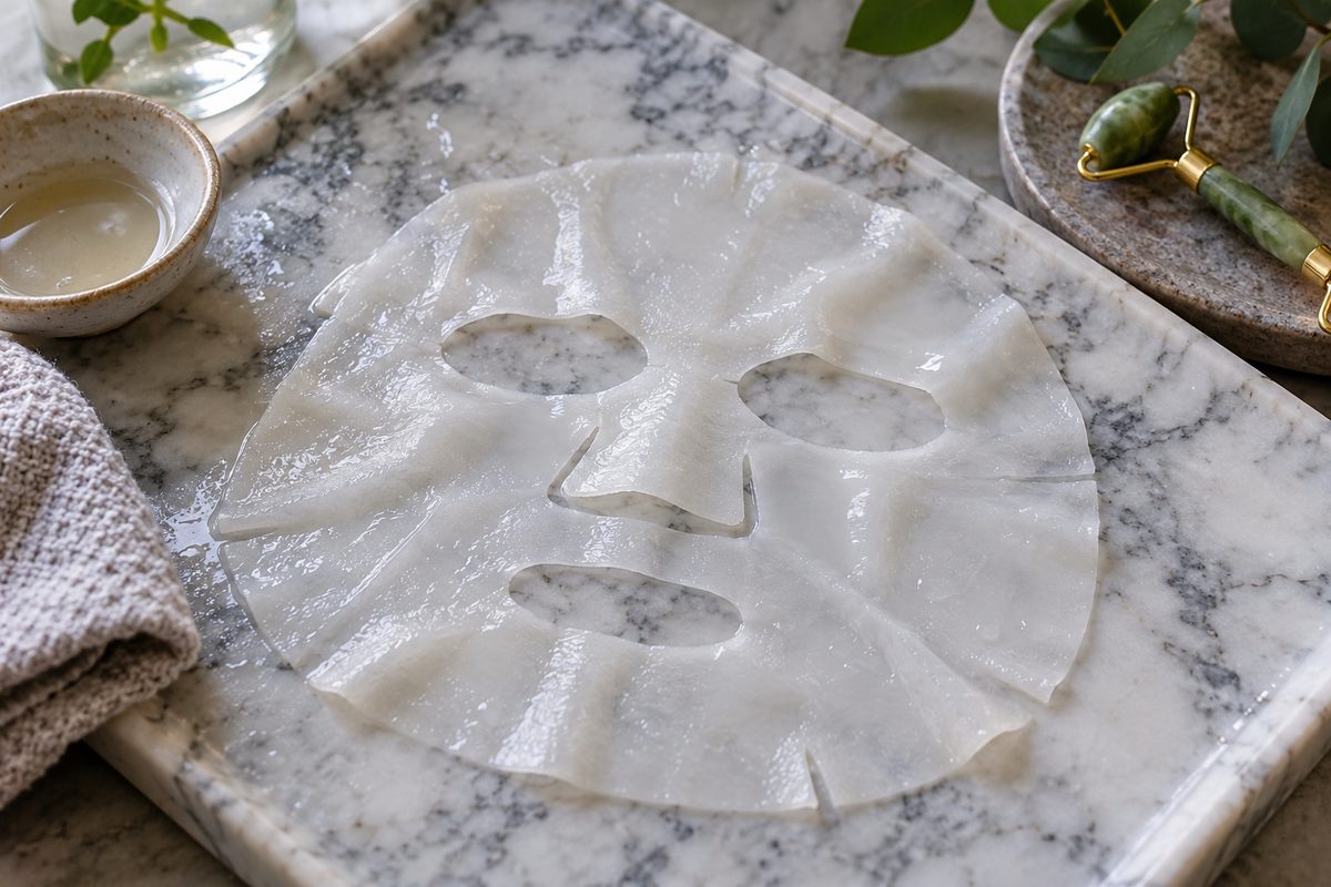 Translucent bio-cellulose hydrating sheet mask laid on marble studio tray
