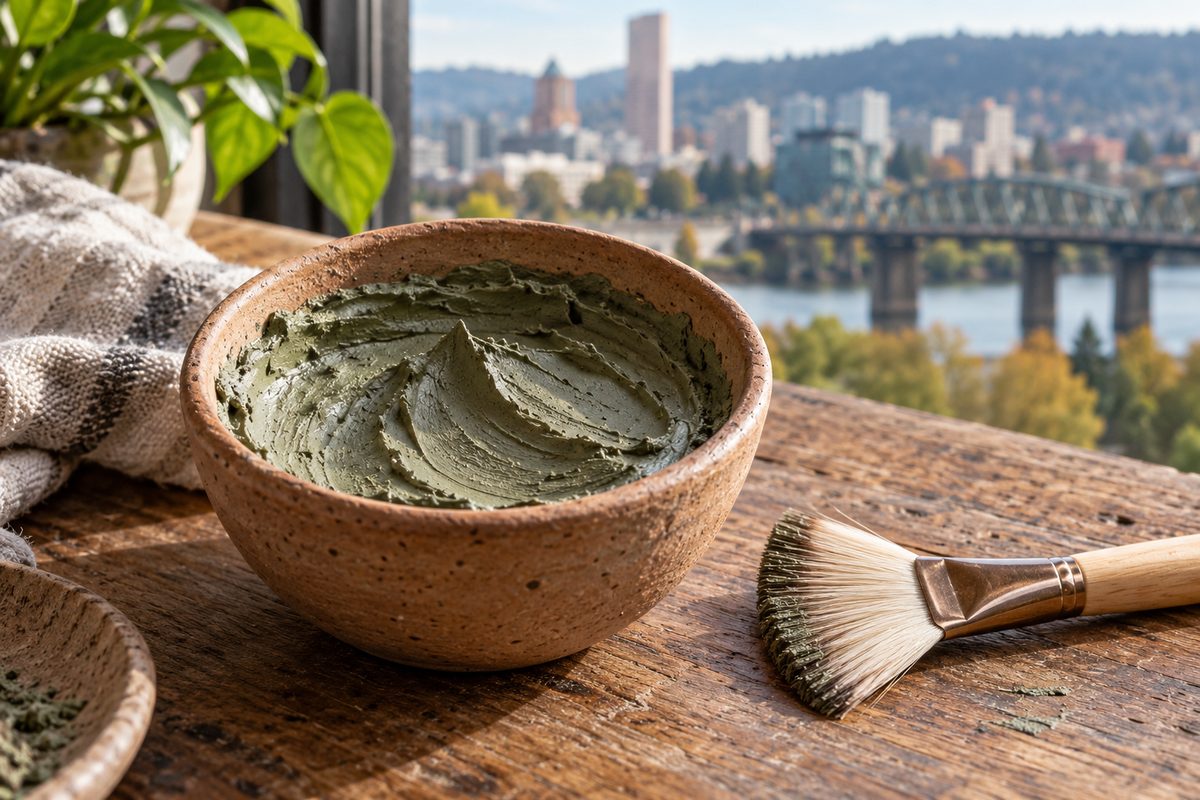 Unglazed earthenware pot of mineral green purifying clay mask with application brush
