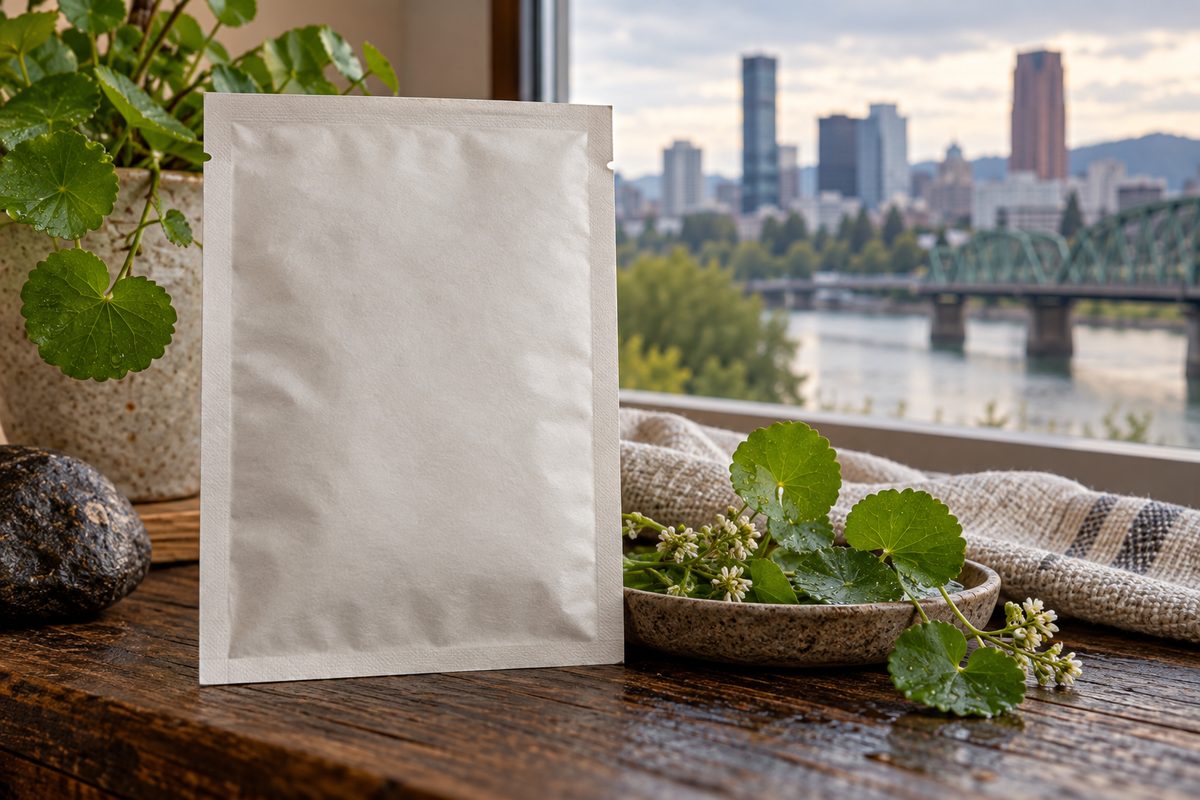 Matte paper sachet for calming madecassoside sheet mask on dark wood