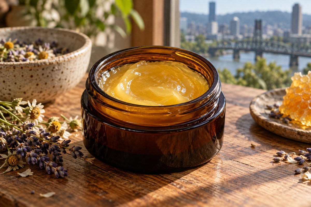 Open amber glass container of golden overnight sleeping balm