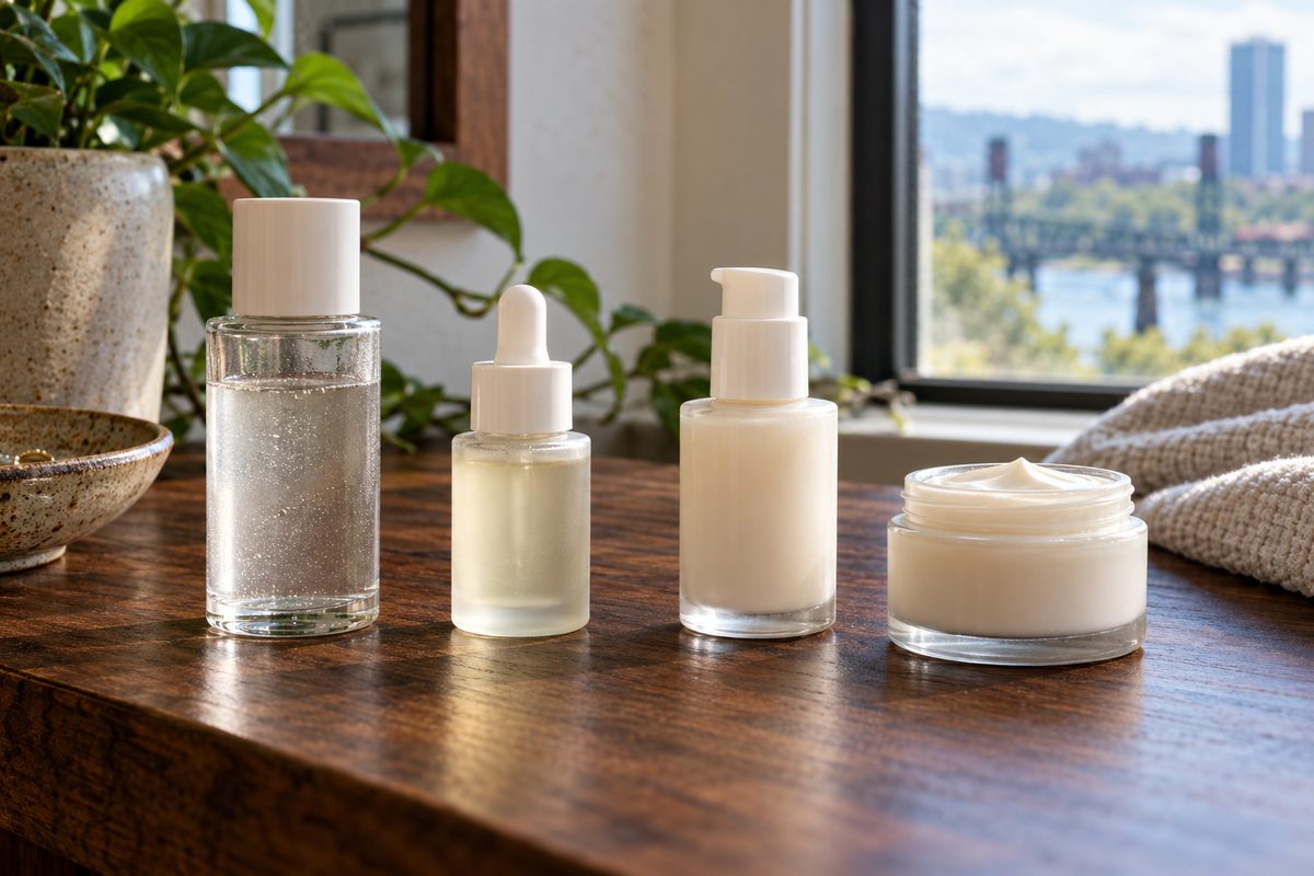 Morning skincare sequence arranged from light hydrator to protective barrier cream