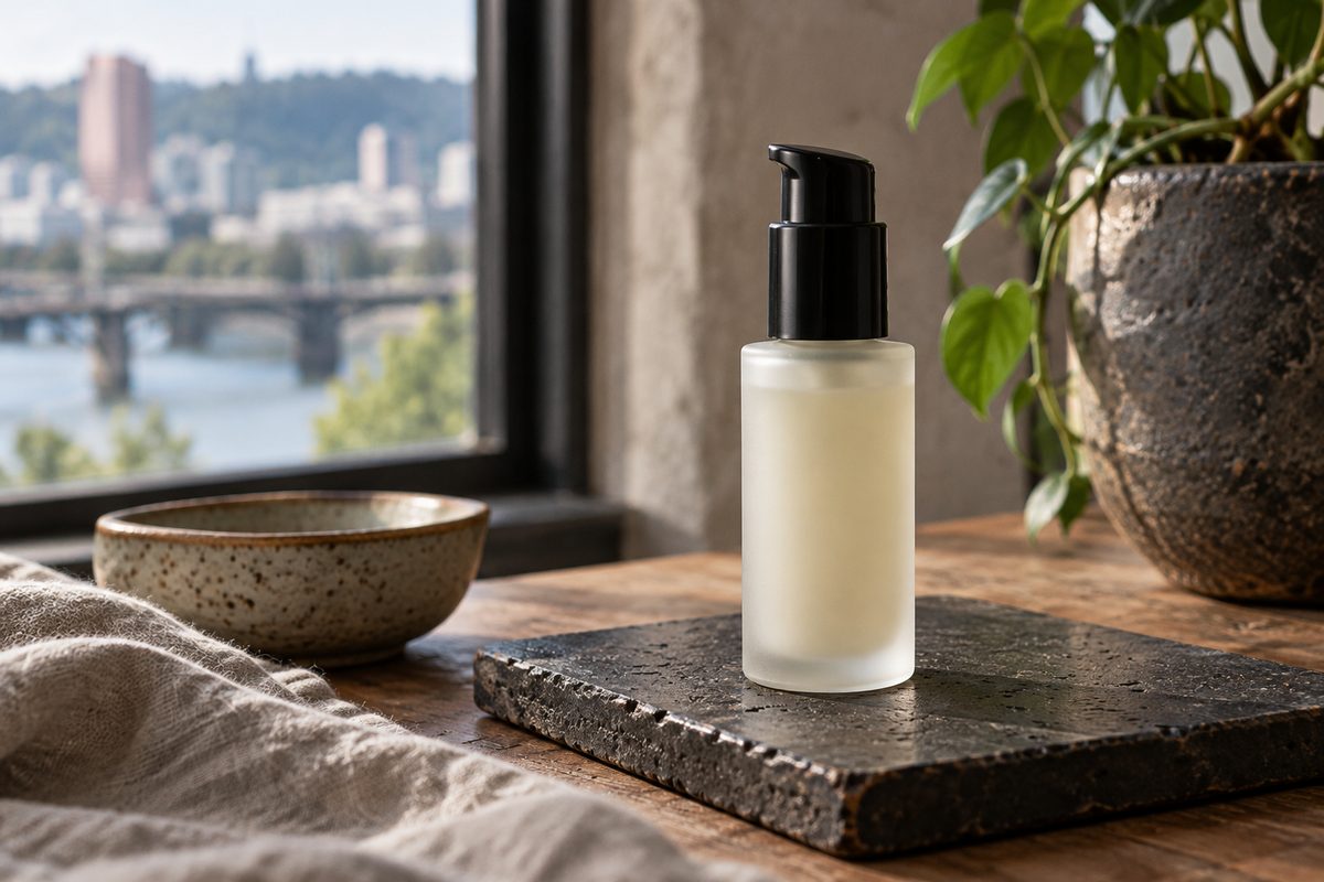 Frosted bottle of niacinamide and zinc PCA refining serum on dark ceramic tile