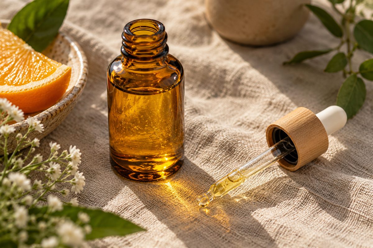 Golden active vitamin C antioxidant serum with glass pipette on linen