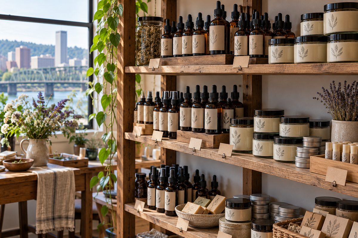 Organized studio inventory shelves displaying amber cosmetic bottles with batch tags