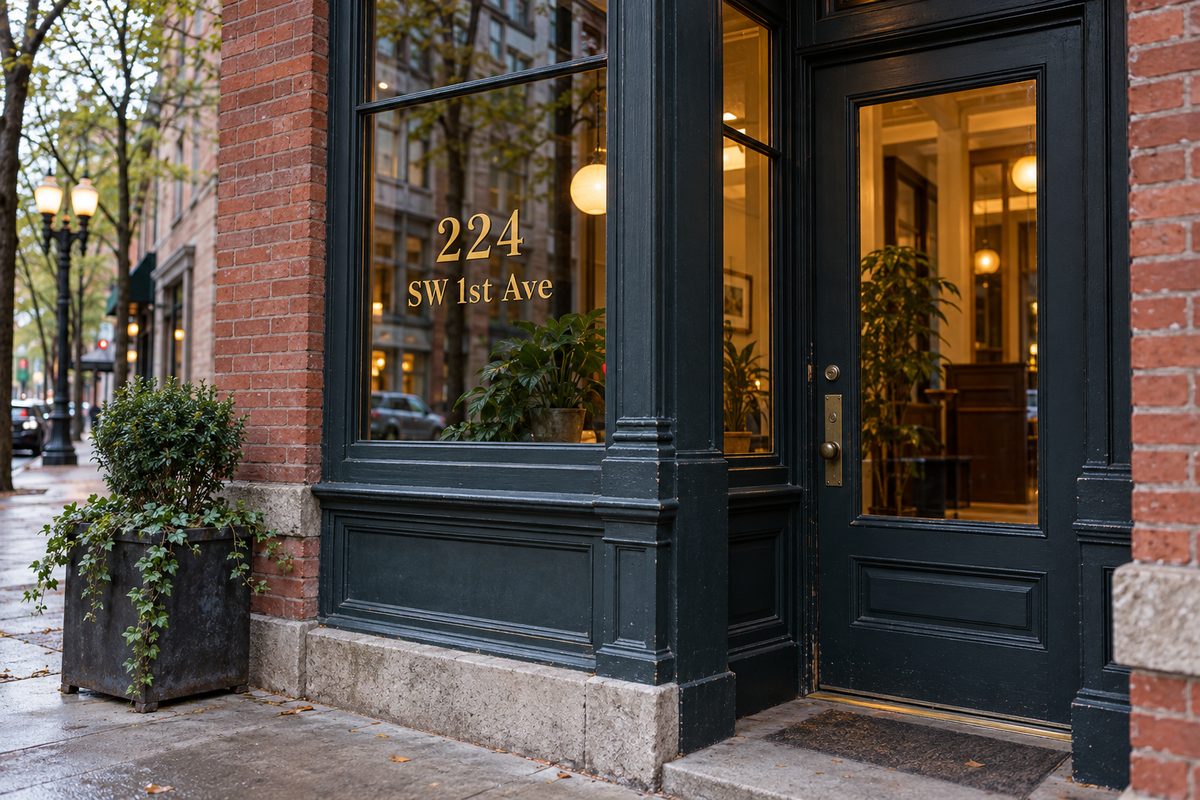 Historic brick exterior and studio entrance at 224 Southwest 1st Avenue Portland